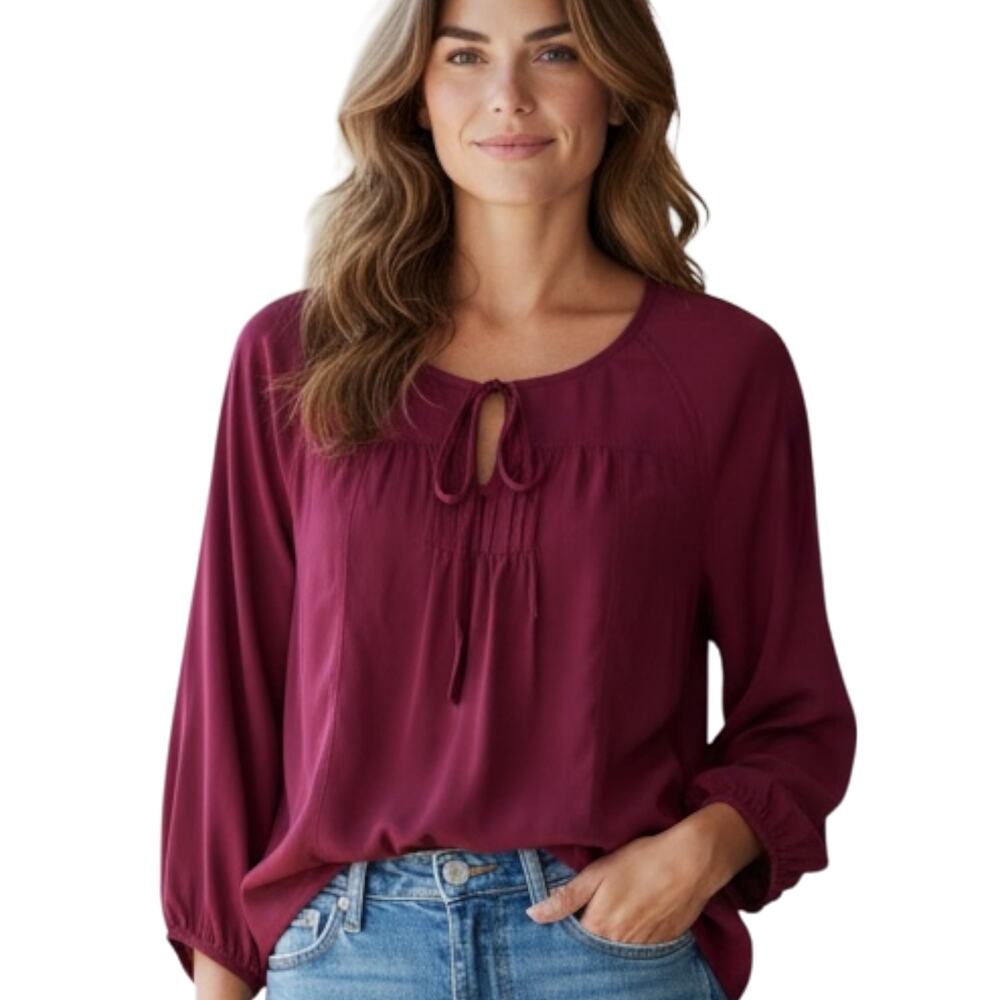 American Eagle Burgundy Blouse Pintuck Tie Neck Balloon Sleeve Top Medium